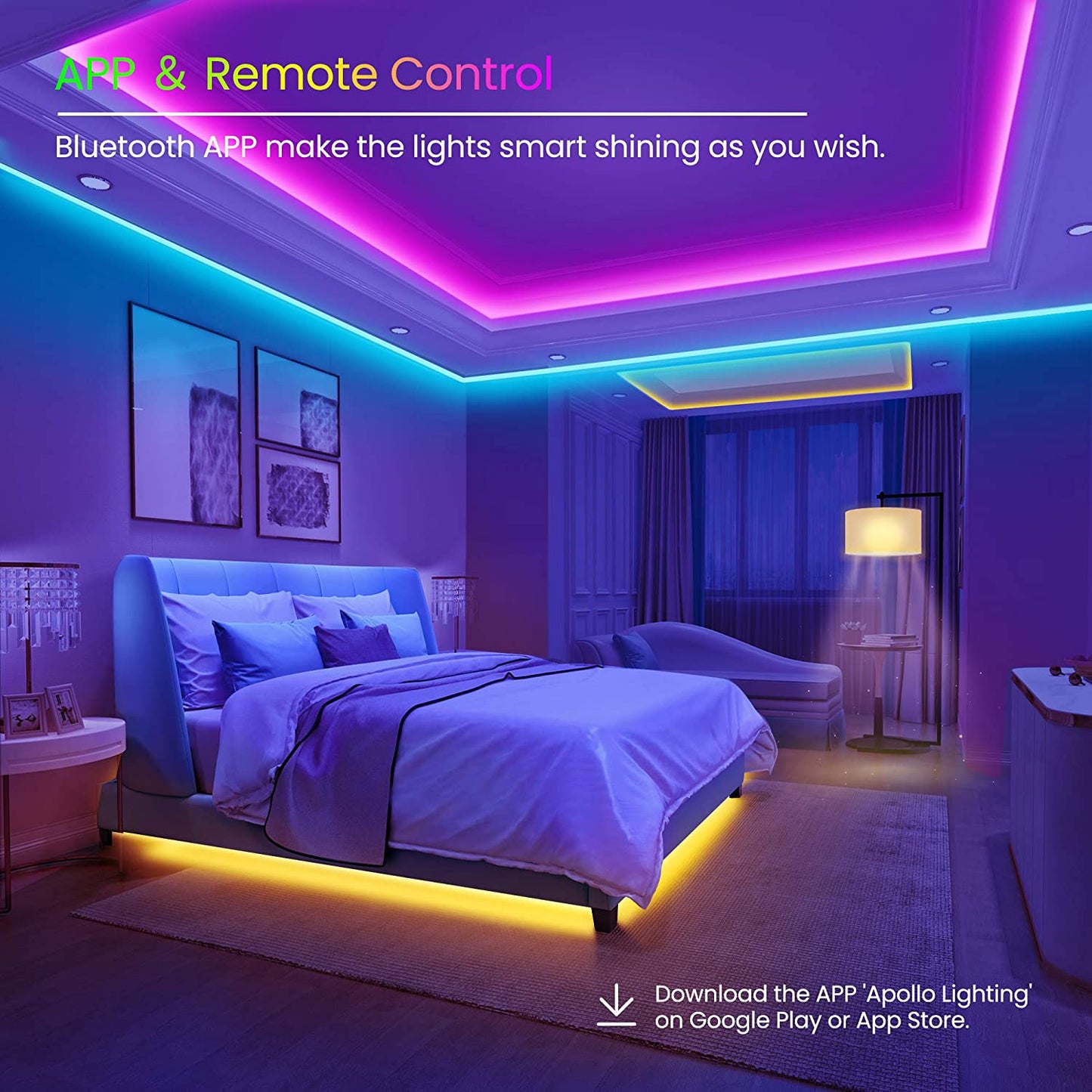 50 FT LED Strip Lights,Bluetooth LED Lights for Bedroom, Color Changing Light Strip with Music Sync, Phone Controller and IR Remote(App+Remote +Mic).